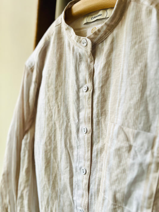 Irish Linen Band Collar Shirt / Beige Stripe