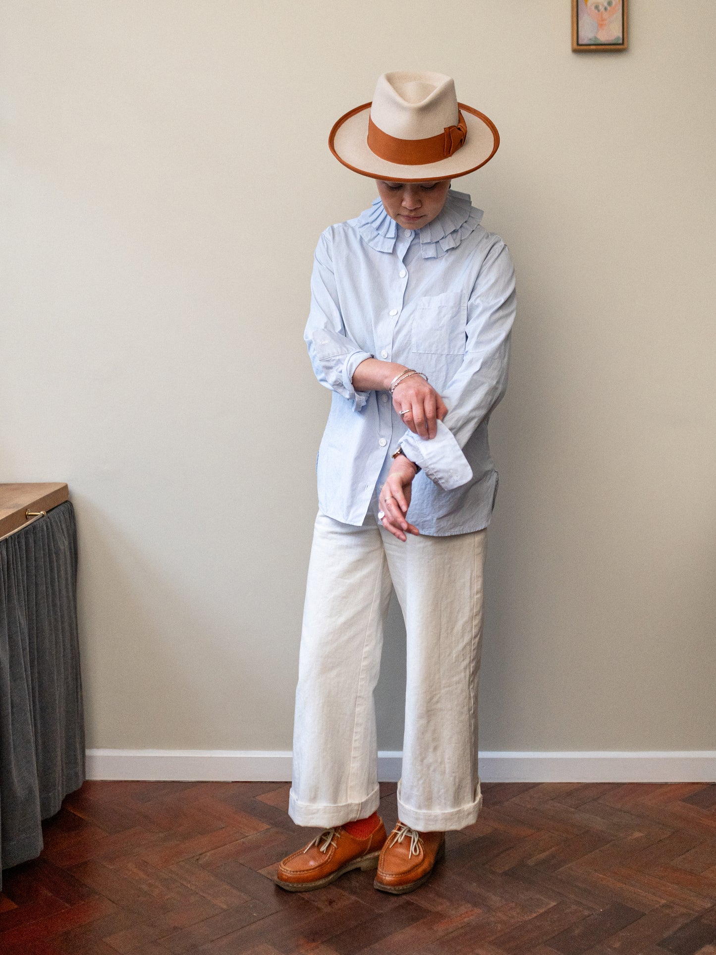 Detachable Ruffle Collar Top / Blue Pin Stripe