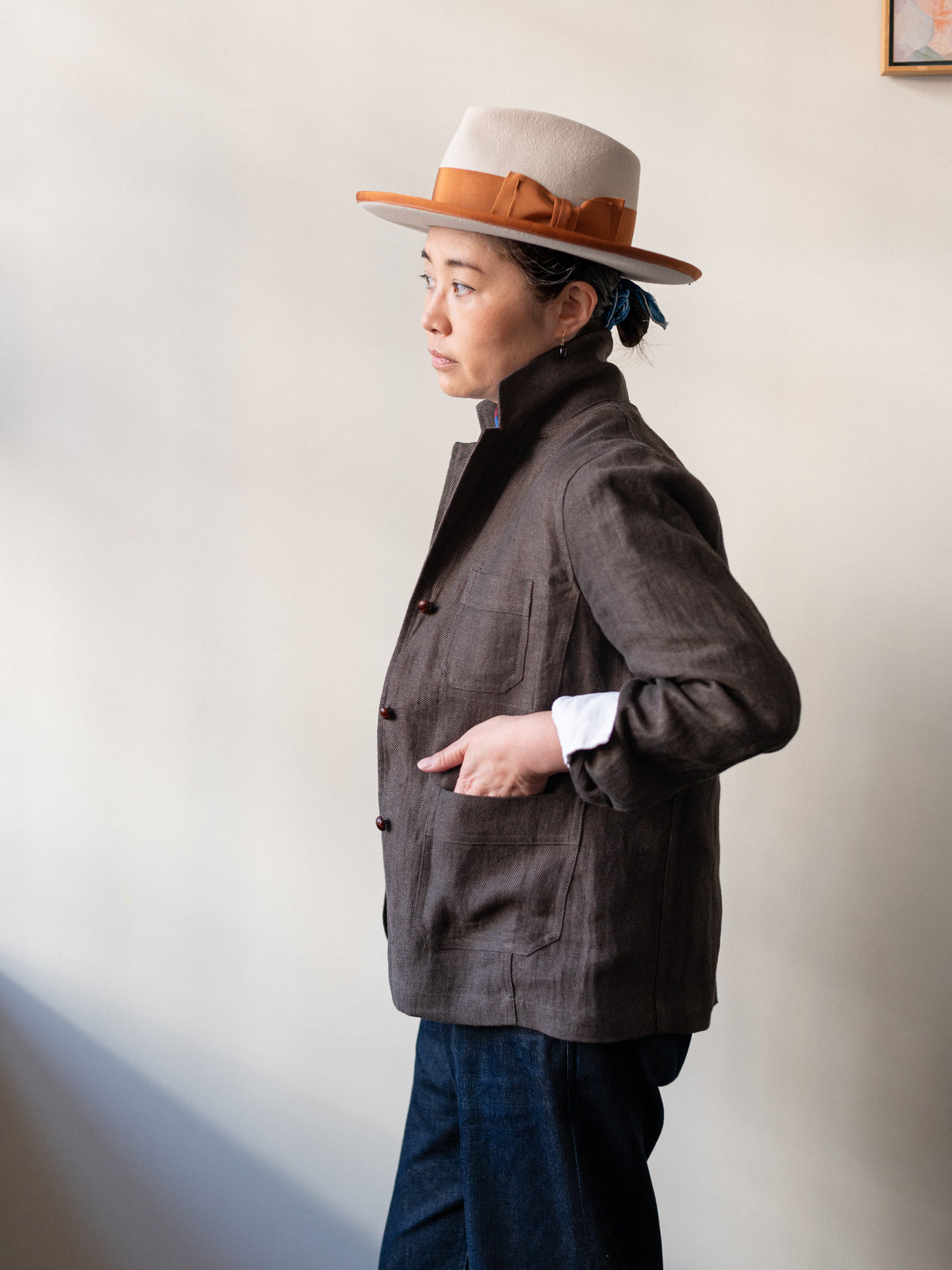 Irish Linen Worker Jacket / Brown Herringbone