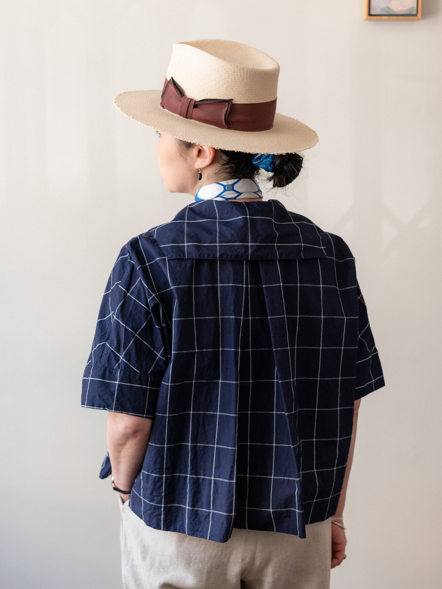 Open Collar Top / Indigo Windowpane