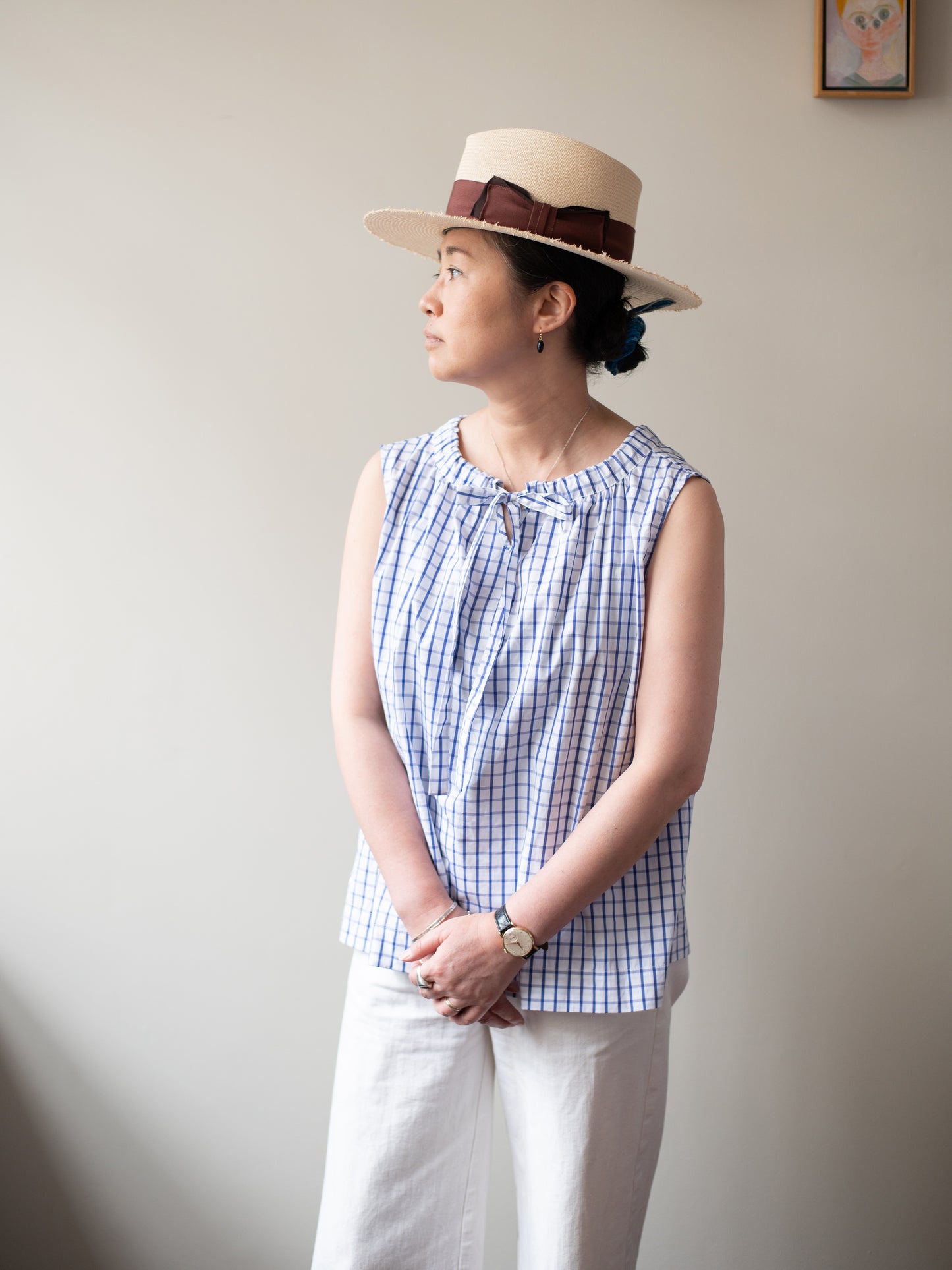 Sleeveless Ribbon Top / Windowpane Check