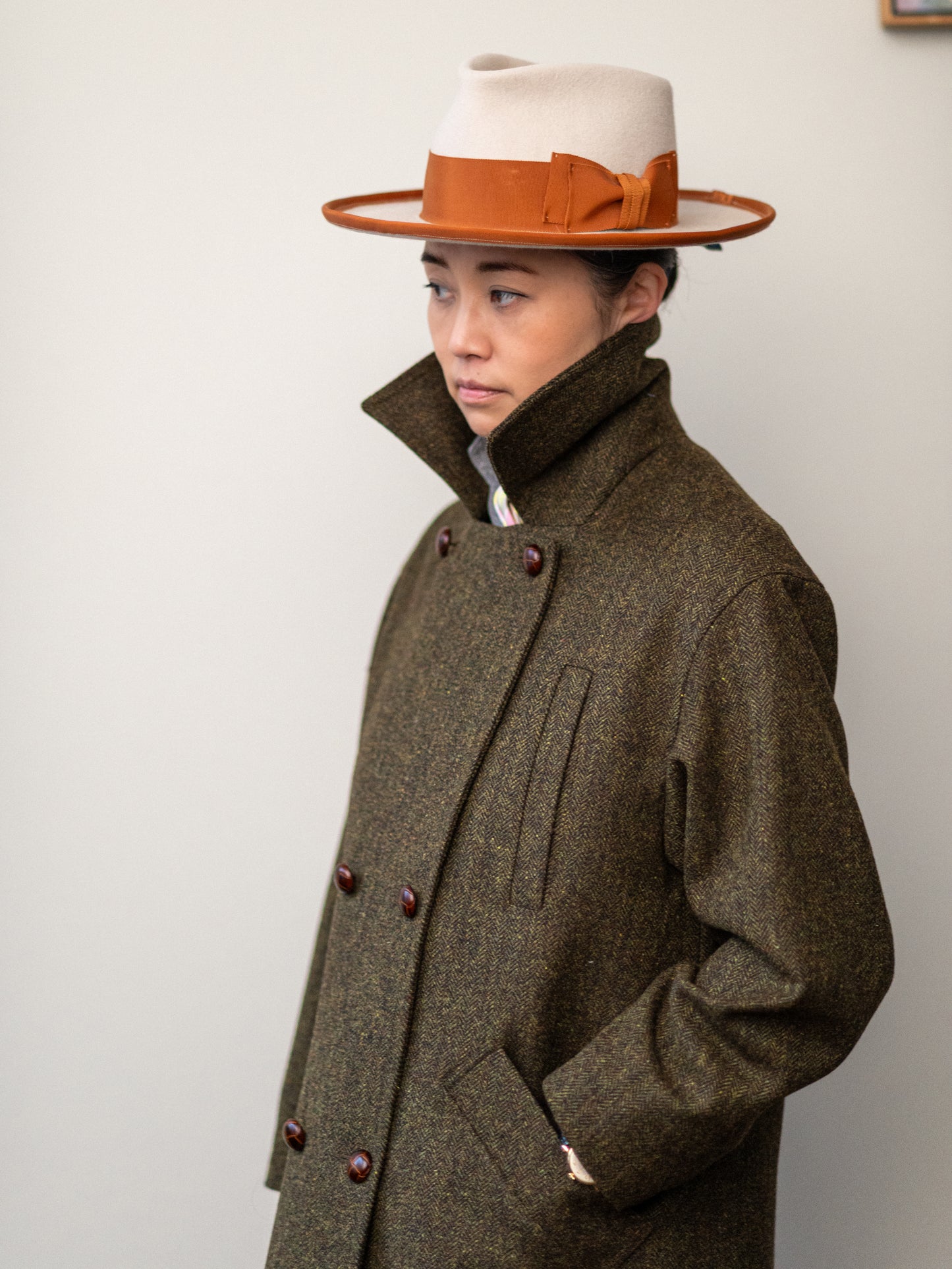Long Peacoat / Khaki Herringbone Tweed