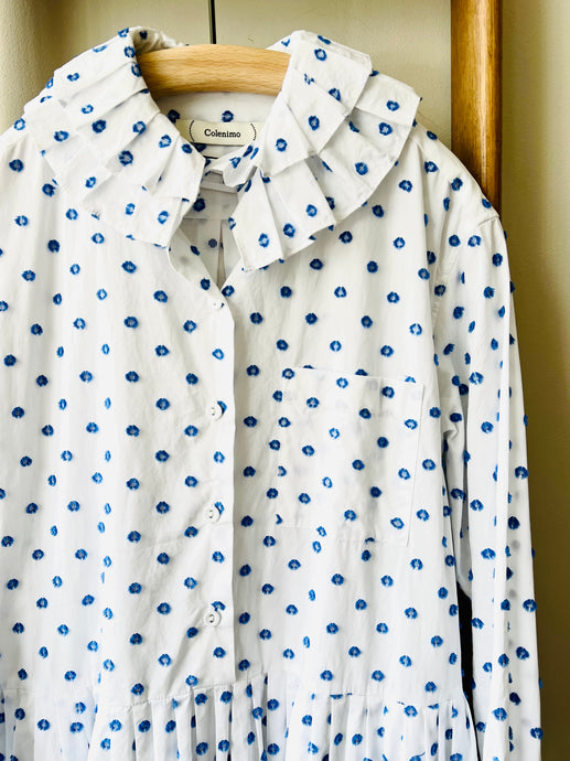 Cut Jacquard Dots Cotton Dress / Blue Dots