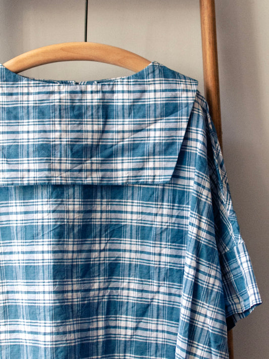 Backwards Sailor Collar Top / Linen Blue Check