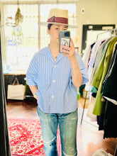 Open Collar Cotton Top / Blue Stripe