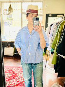 Open Collar Cotton Top / Blue Stripe