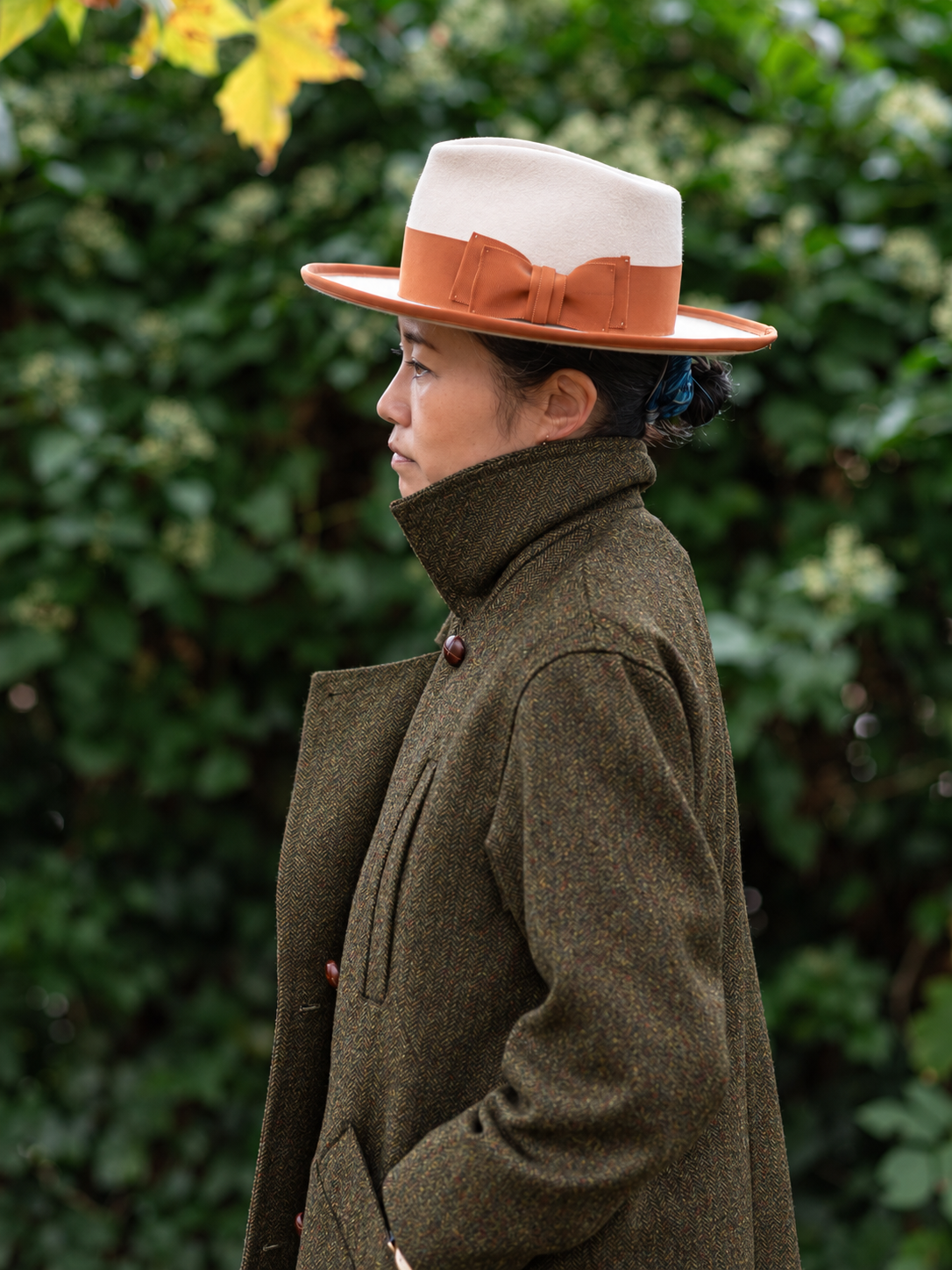 Long Peacoat / Khaki Herringbone Tweed