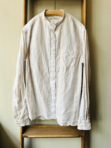 Irish Linen Band Collar Top / Beige Stripe