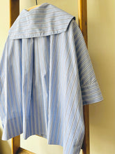 Open Collar Cotton Top / Blue Stripe