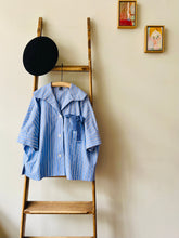Open Collar Cotton Top / Blue Stripe