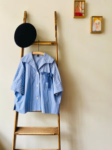 Open Collar Cotton Top / Blue Stripe