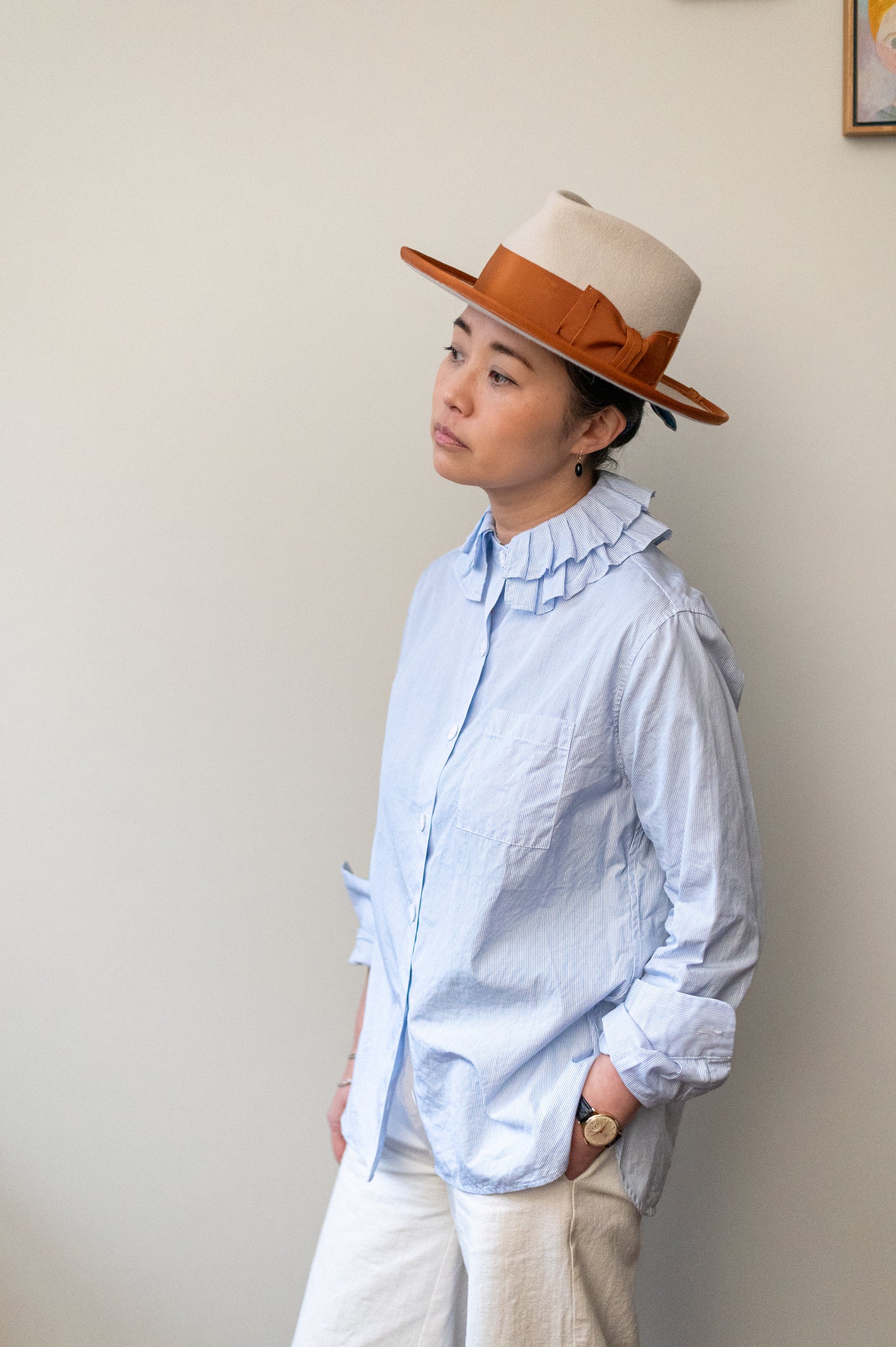 Detachable Ruffle Collar Top / Blue Pin Stripe