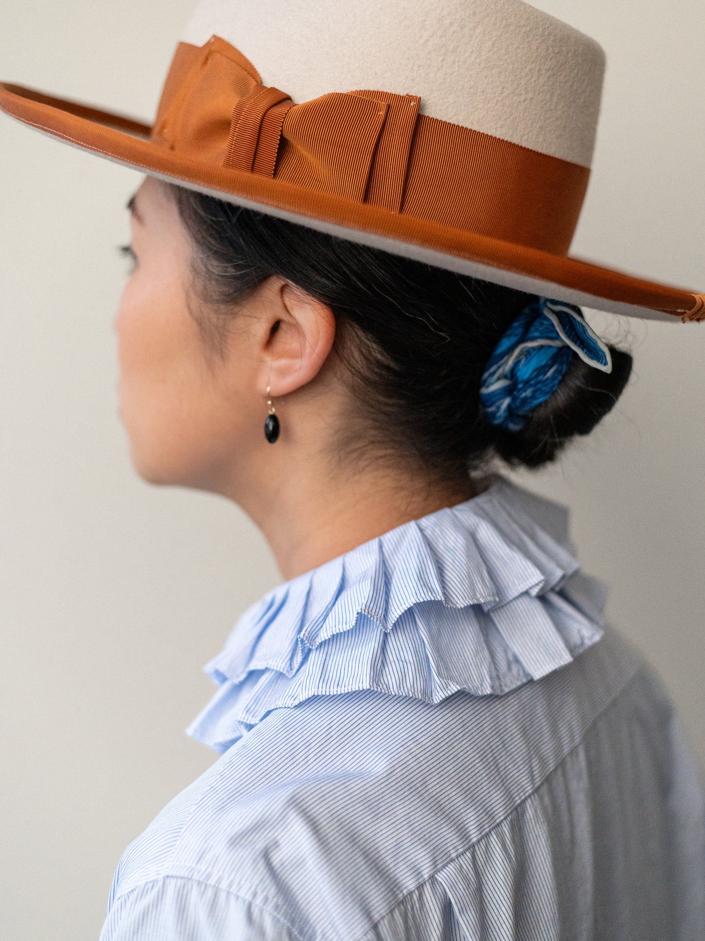 Detachable Ruffle Collar Top / Blue Pin Stripe