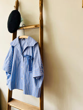 Open Collar Cotton Top / Blue Stripe