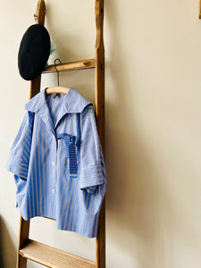 Open Collar Cotton Top / Blue Stripe