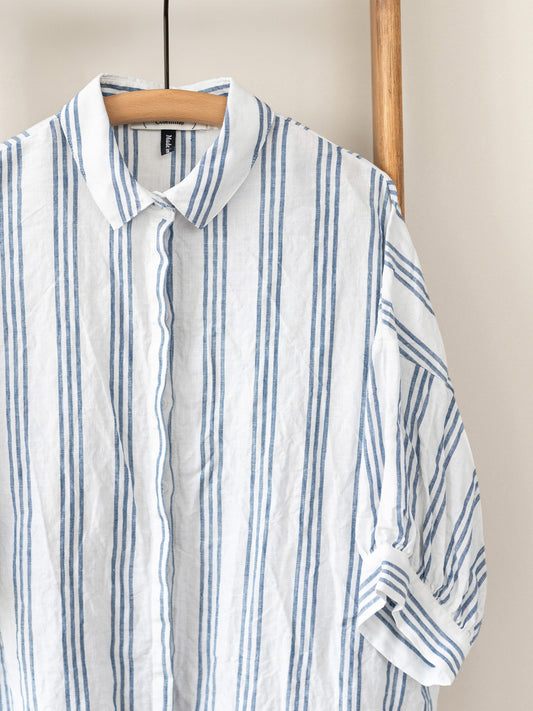 Balloon Sleeve Top / Irish Linen Blue Stripe