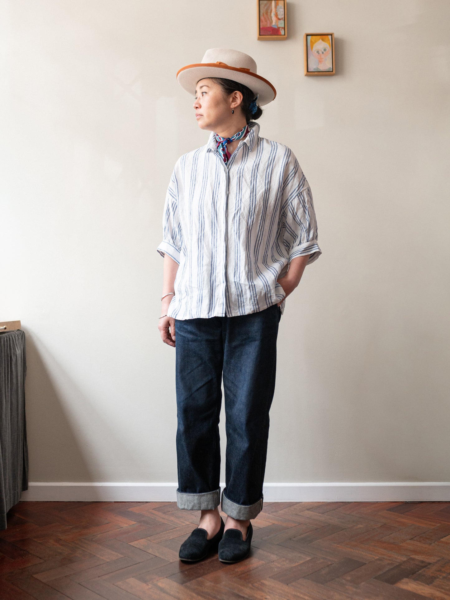 Balloon Sleeve Top / Irish Linen Blue Stripe