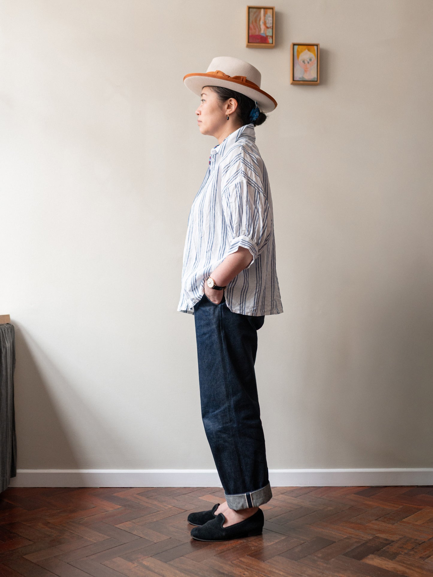 Balloon Sleeve Top / Irish Linen Blue Stripe