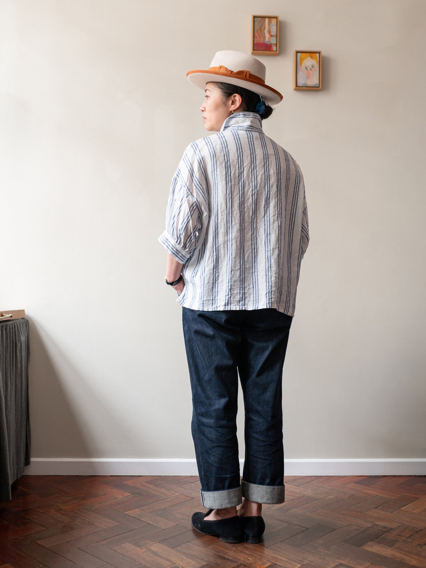 Balloon Sleeve Top / Irish Linen Blue Stripe