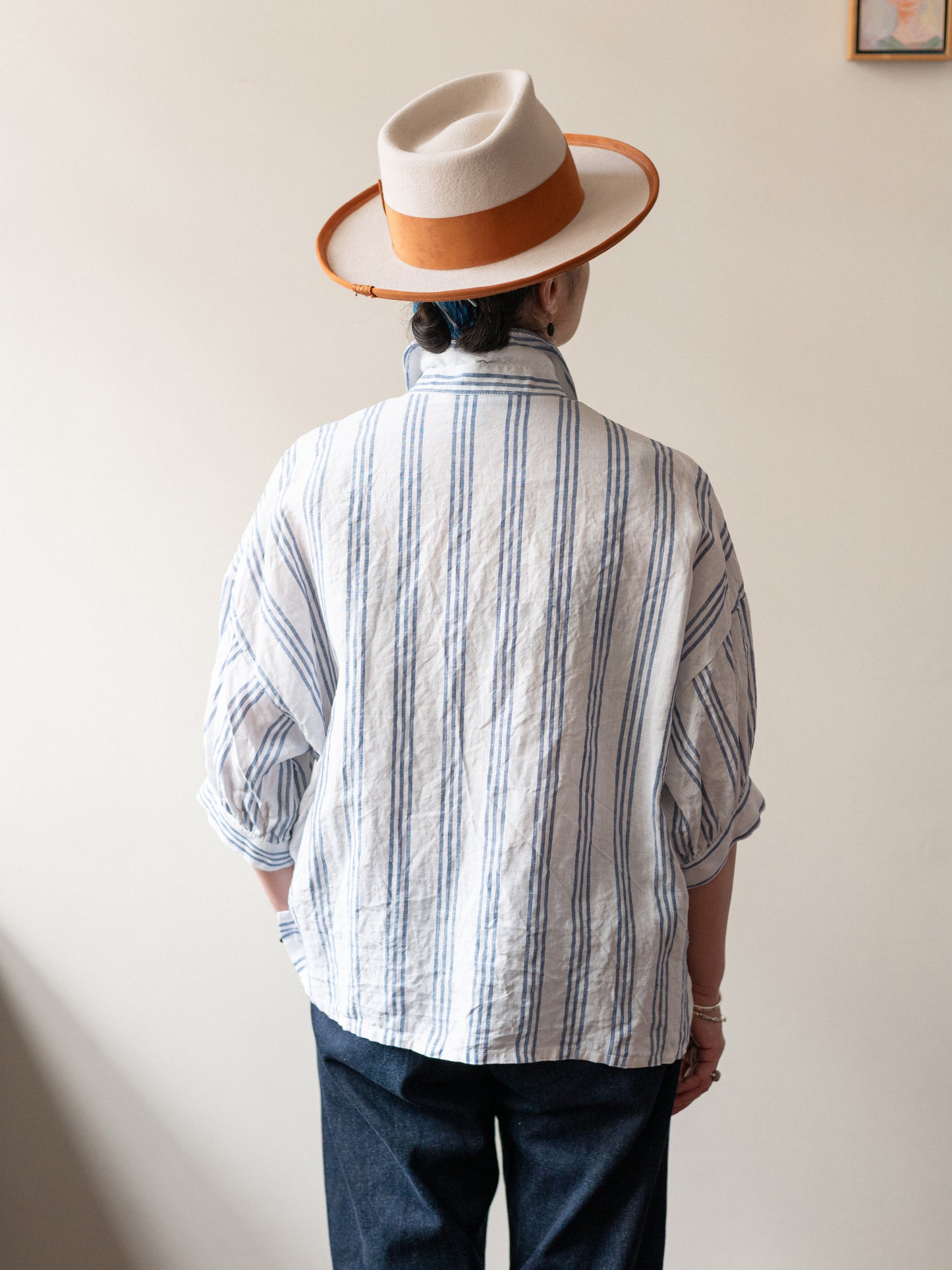 Balloon Sleeve Top / Irish Linen Blue Stripe