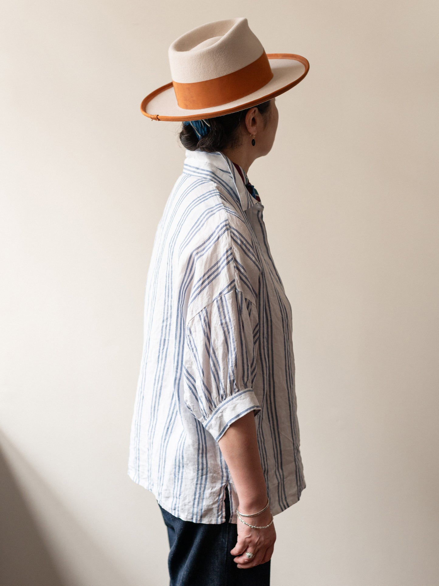 Balloon Sleeve Top / Irish Linen Blue Stripe