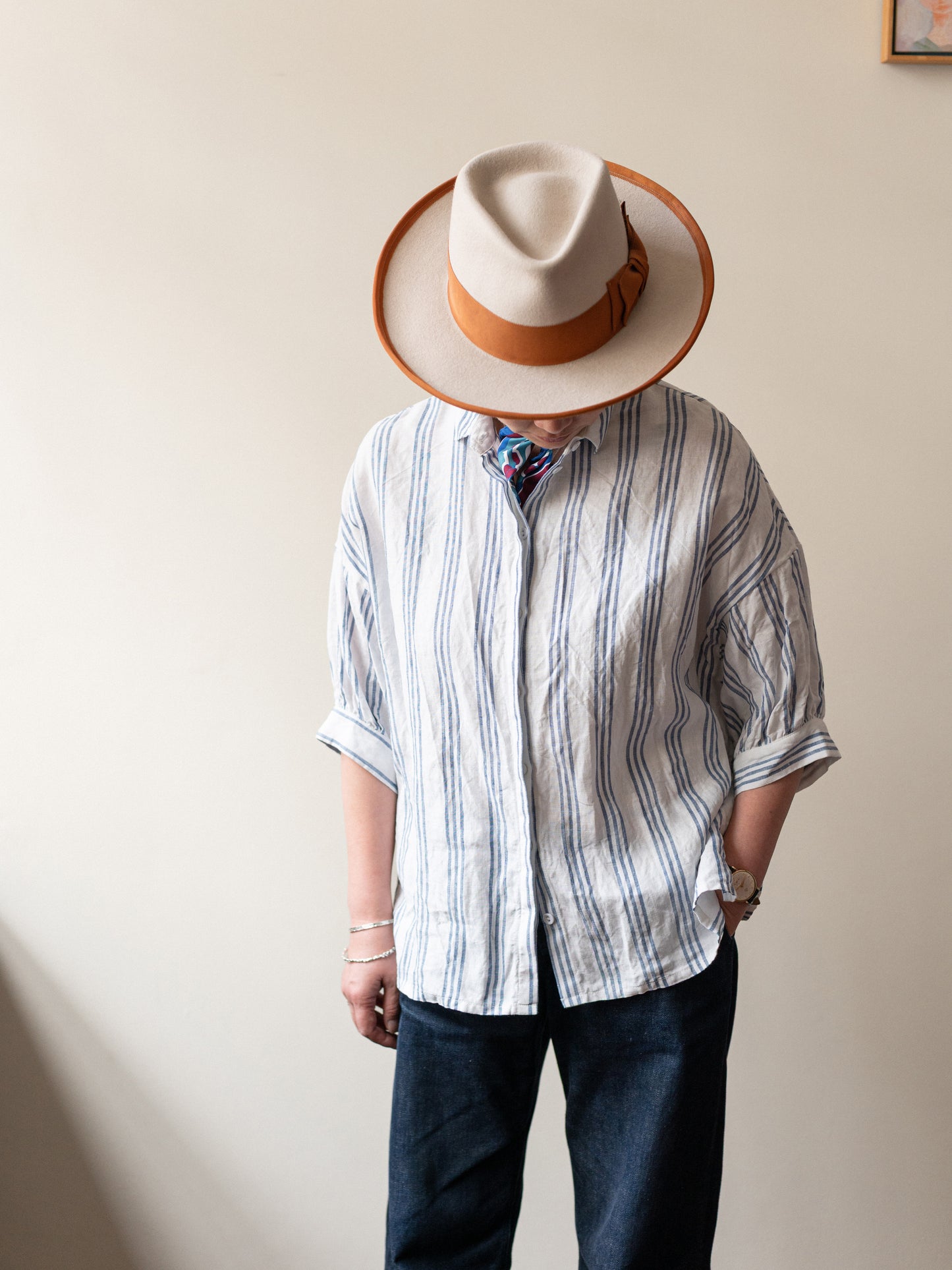 Balloon Sleeve Top / Irish Linen Blue Stripe