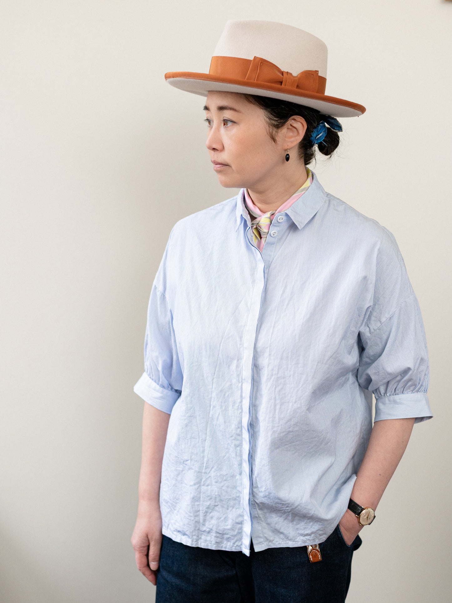 Balloon Sleeve Top / Pin Stripe Blue