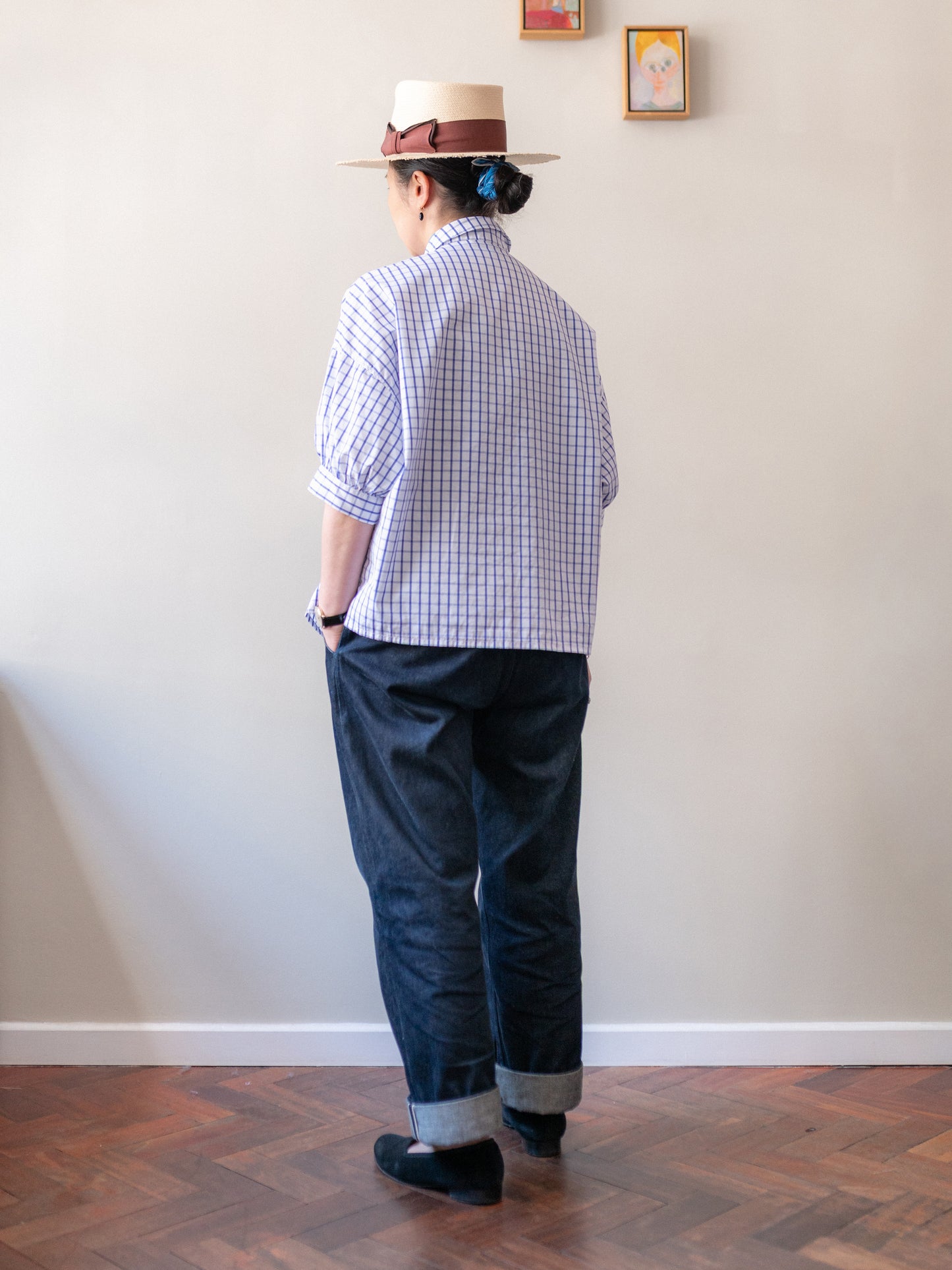 Balloon Sleeve Top / Windowpane Check