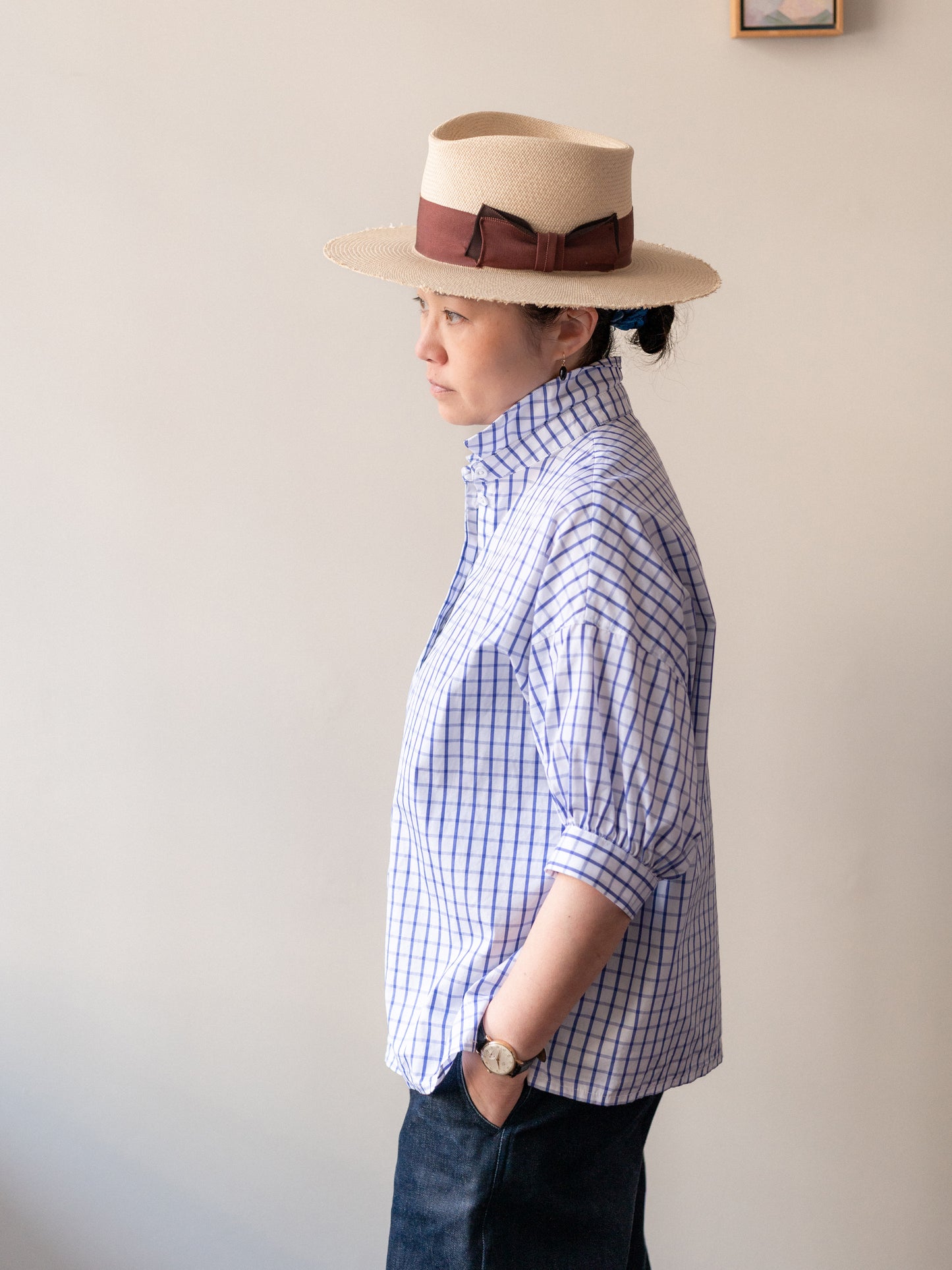 Balloon Sleeve Top / Windowpane Check