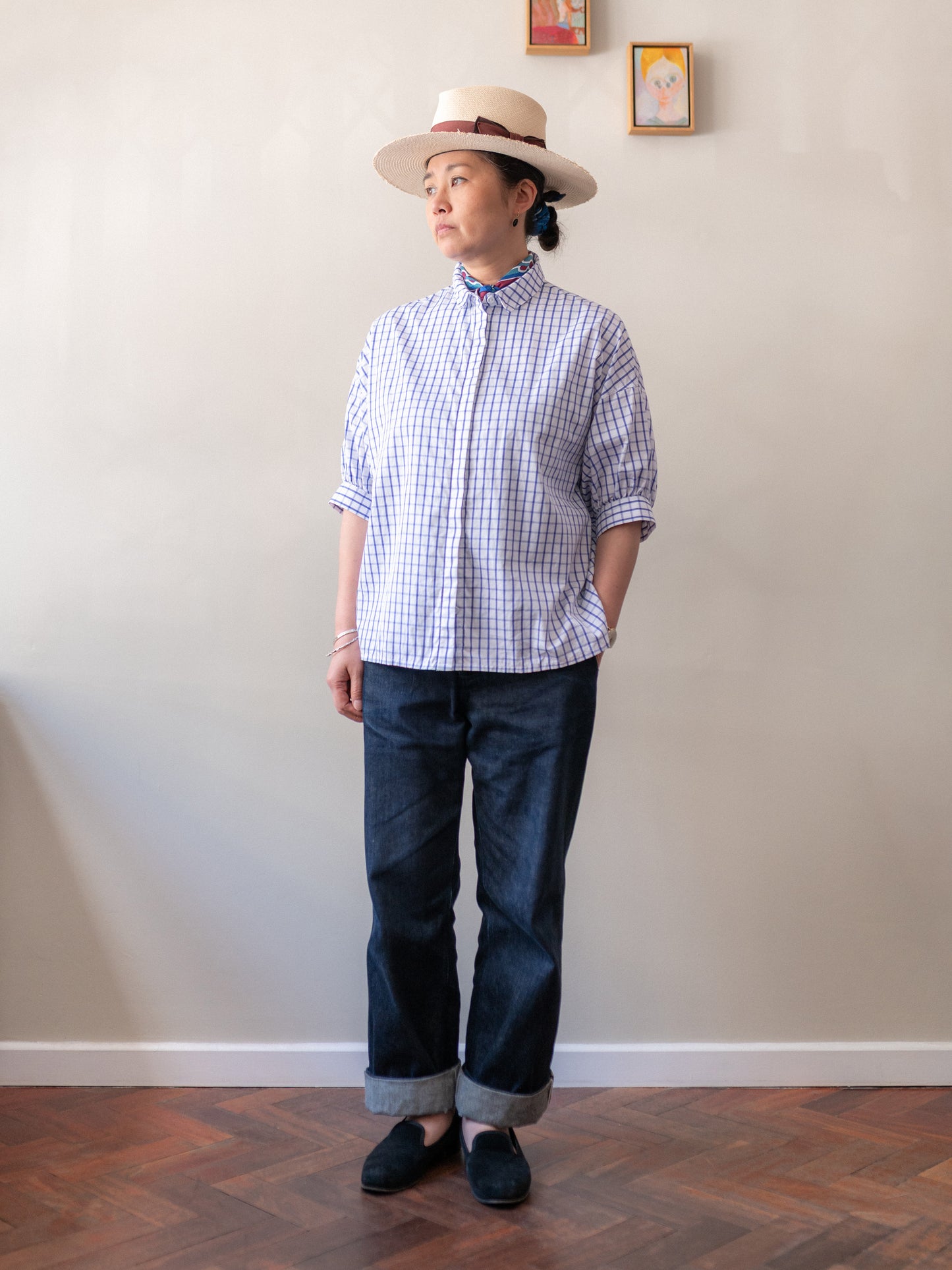 Balloon Sleeve Top / Windowpane Check
