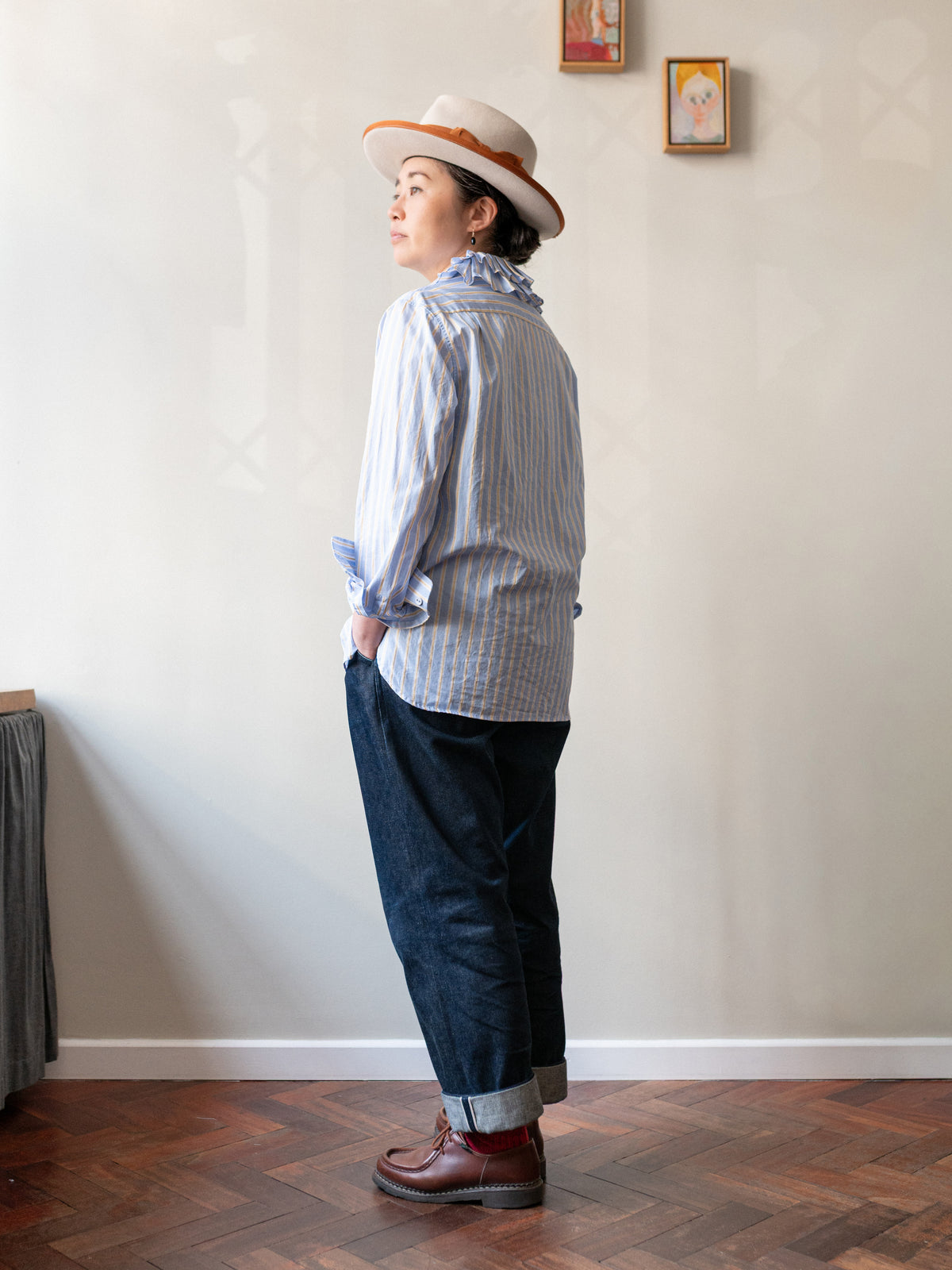Detachable Ruffle Collar Top / Blue & Yellow Stripe