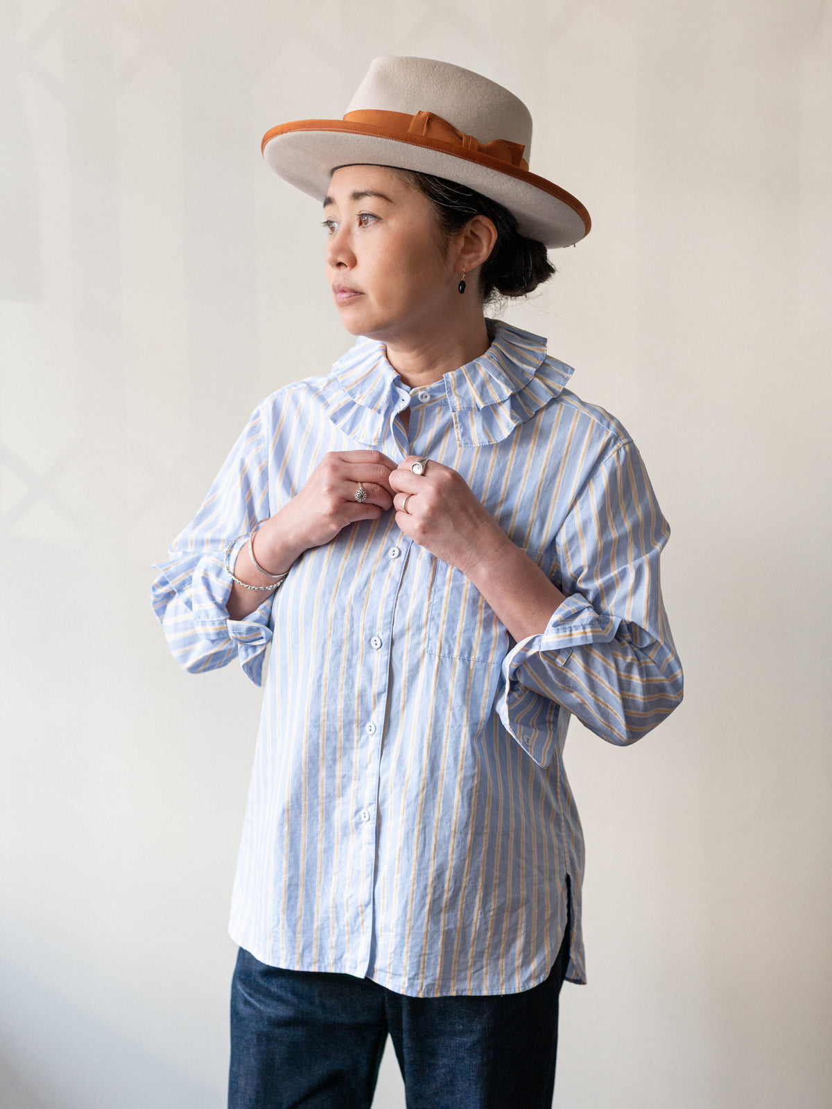 Detachable Ruffle Collar Top / Blue & Yellow Stripe