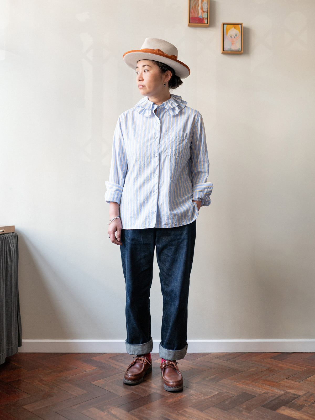 Detachable Ruffle Collar Top / Blue & Yellow Stripe
