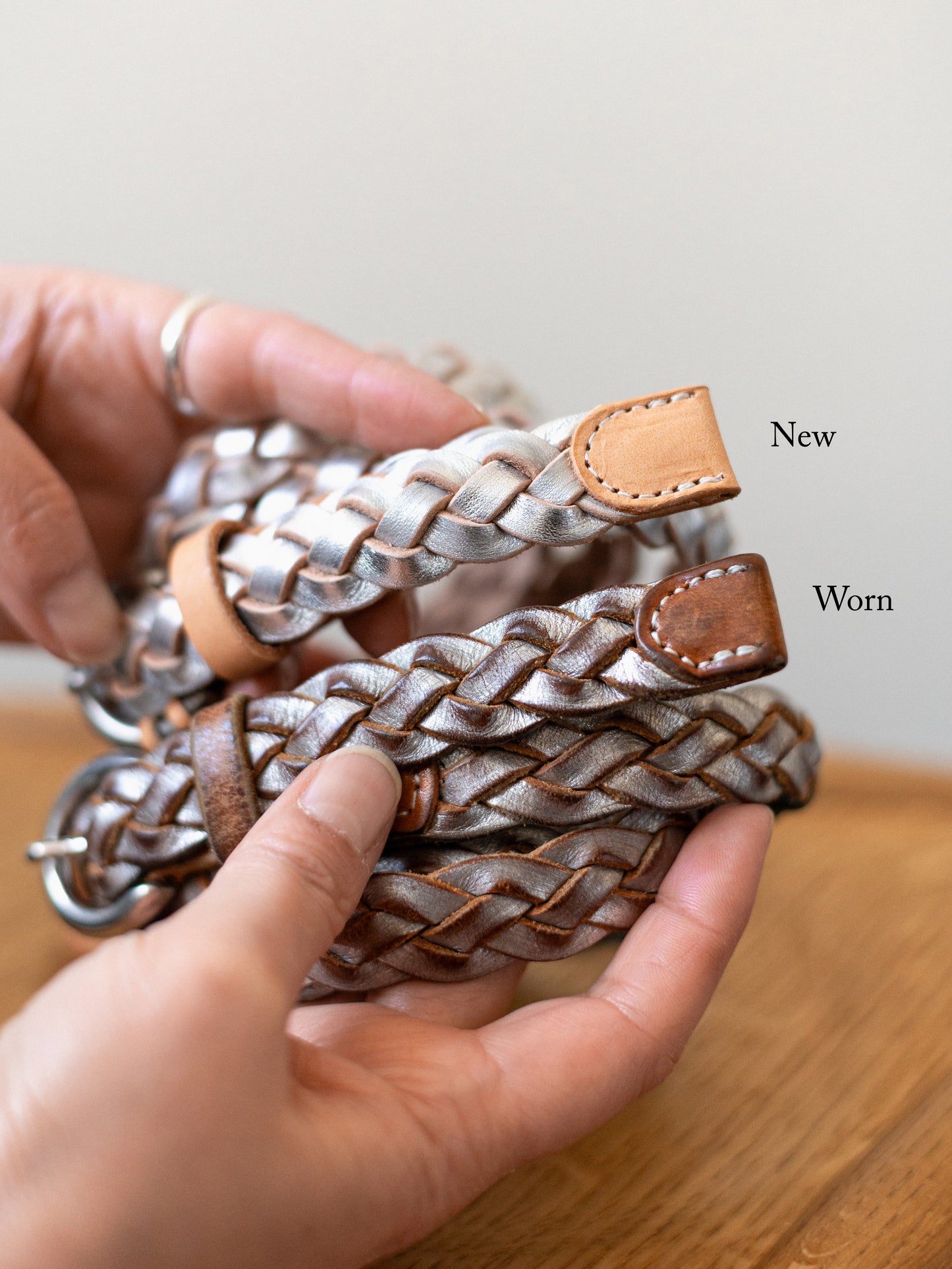 Braided Slim Leather Belt / Silver