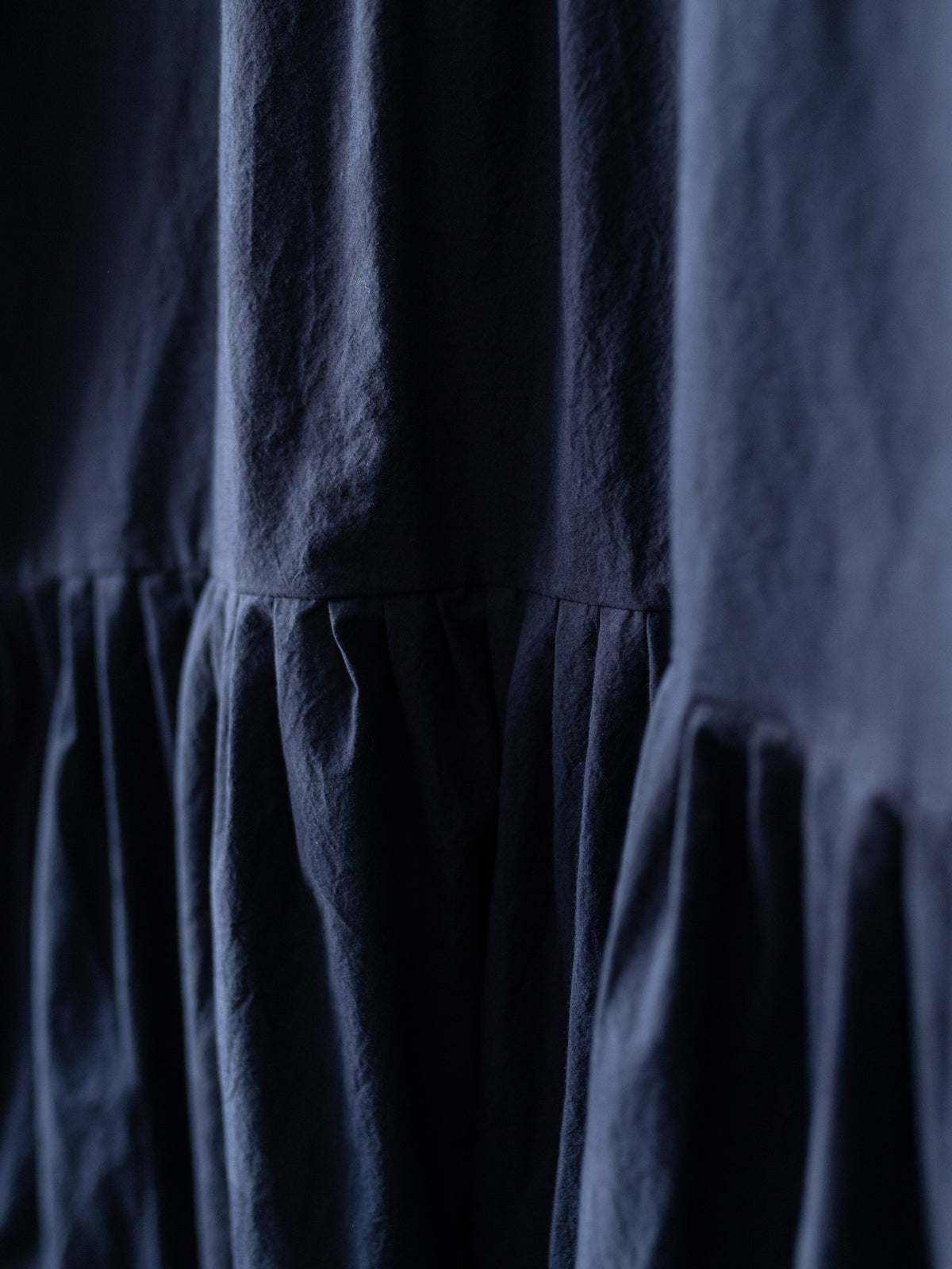Close-up of dark navy blue fabric with a gathered, ruffled texture.