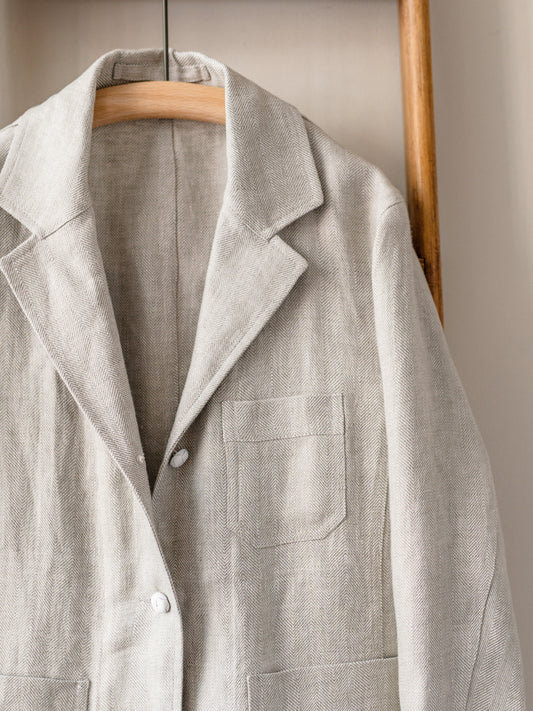 Irish Linen Workers Jacket / Pale Beige Herringbone