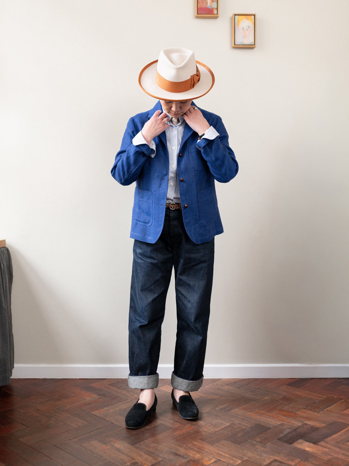 Irish Linen Worker Jacket / Blue Herringbone