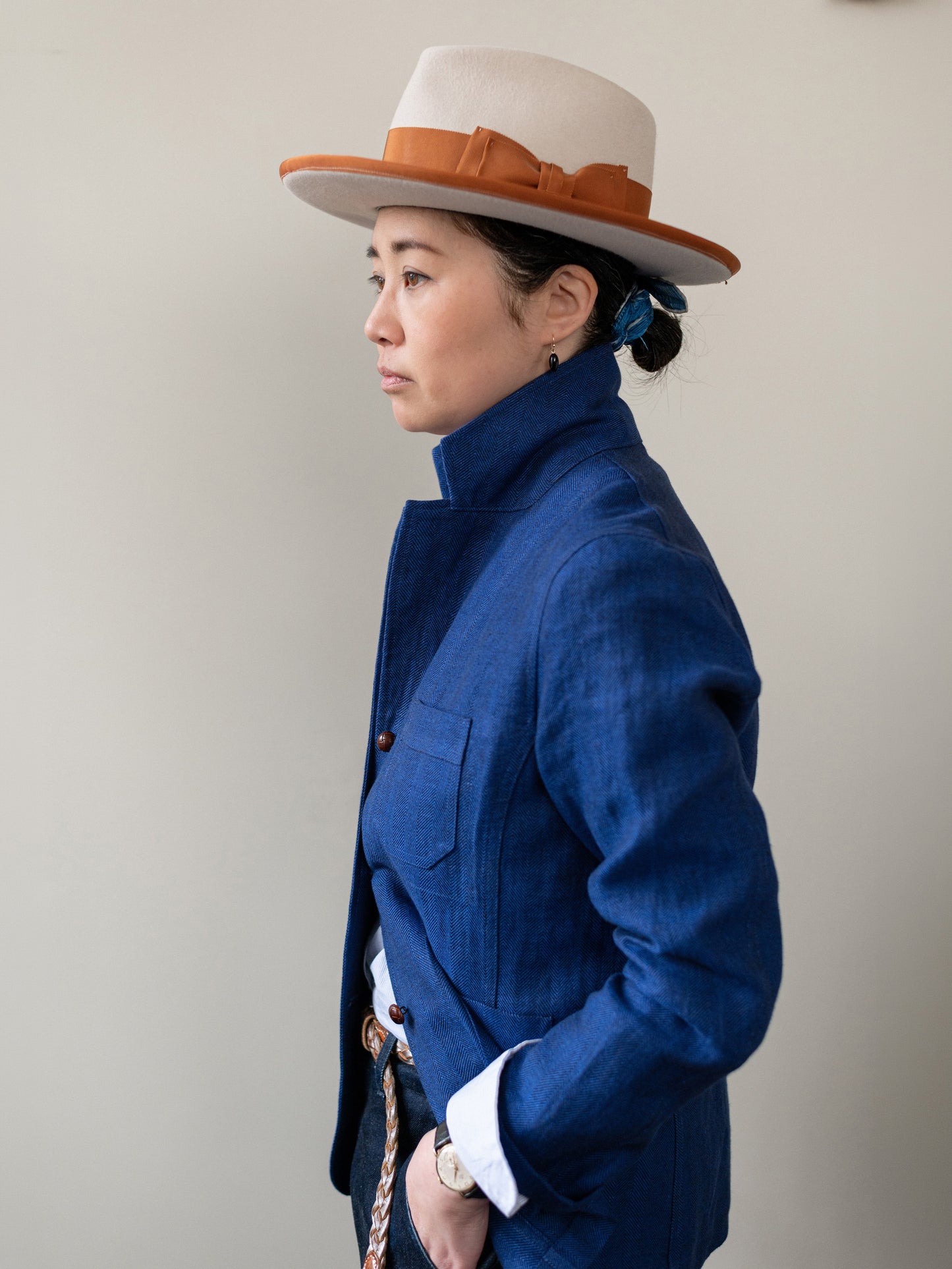 Irish Linen Worker Jacket / Blue Herringbone
