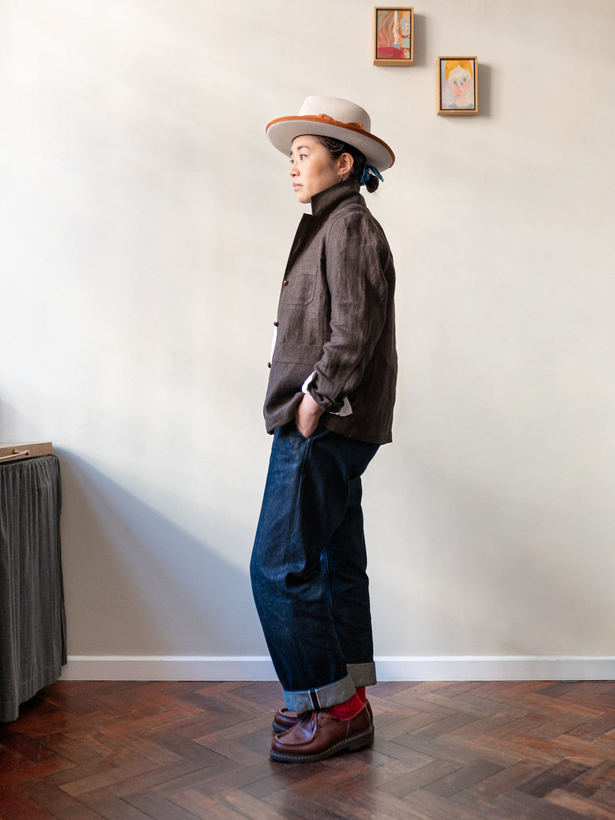 Irish Linen Worker Jacket / Brown Herringbone