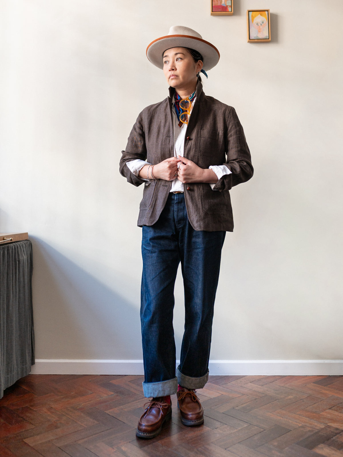 Irish Linen Worker Jacket / Brown Herringbone