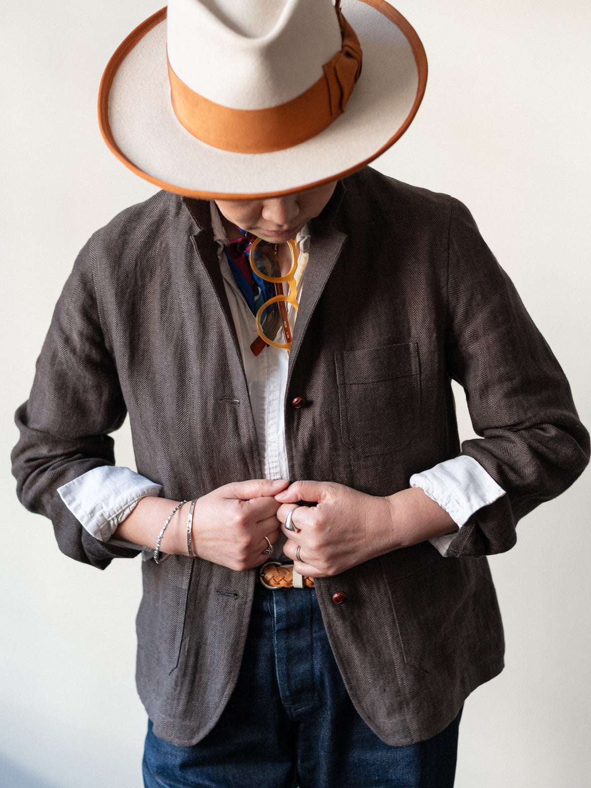 Irish Linen Worker Jacket / Brown Herringbone