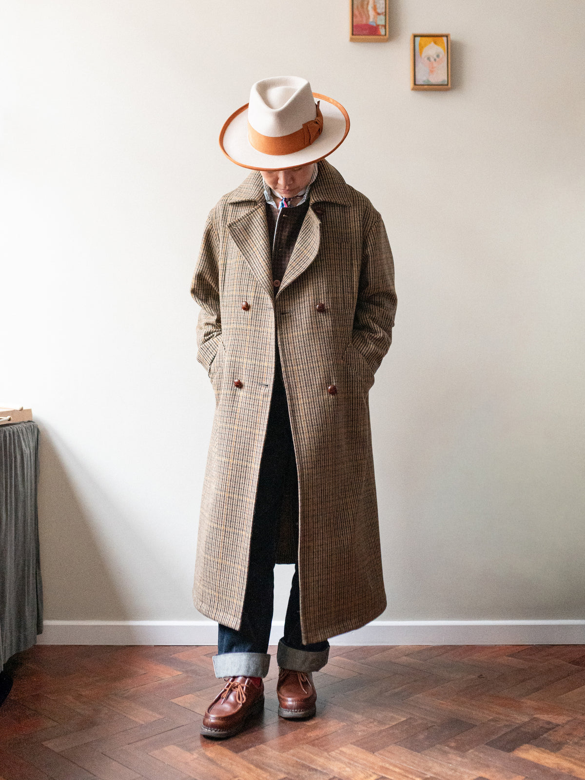 Long Peacoat / Bracken Check Tweed