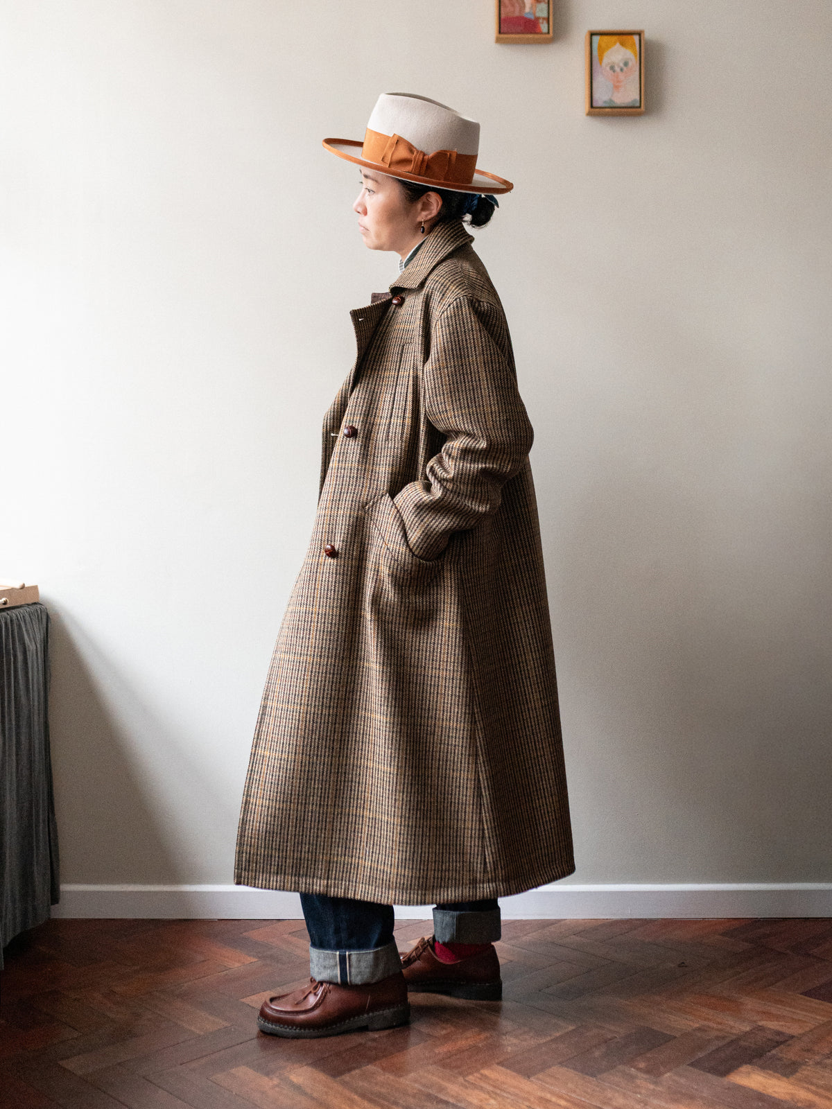 Long Peacoat / Bracken Check Tweed