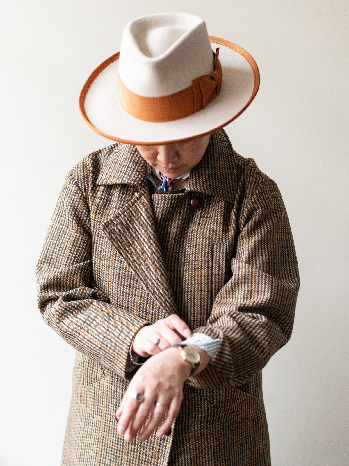 Long Peacoat / Bracken Check Tweed