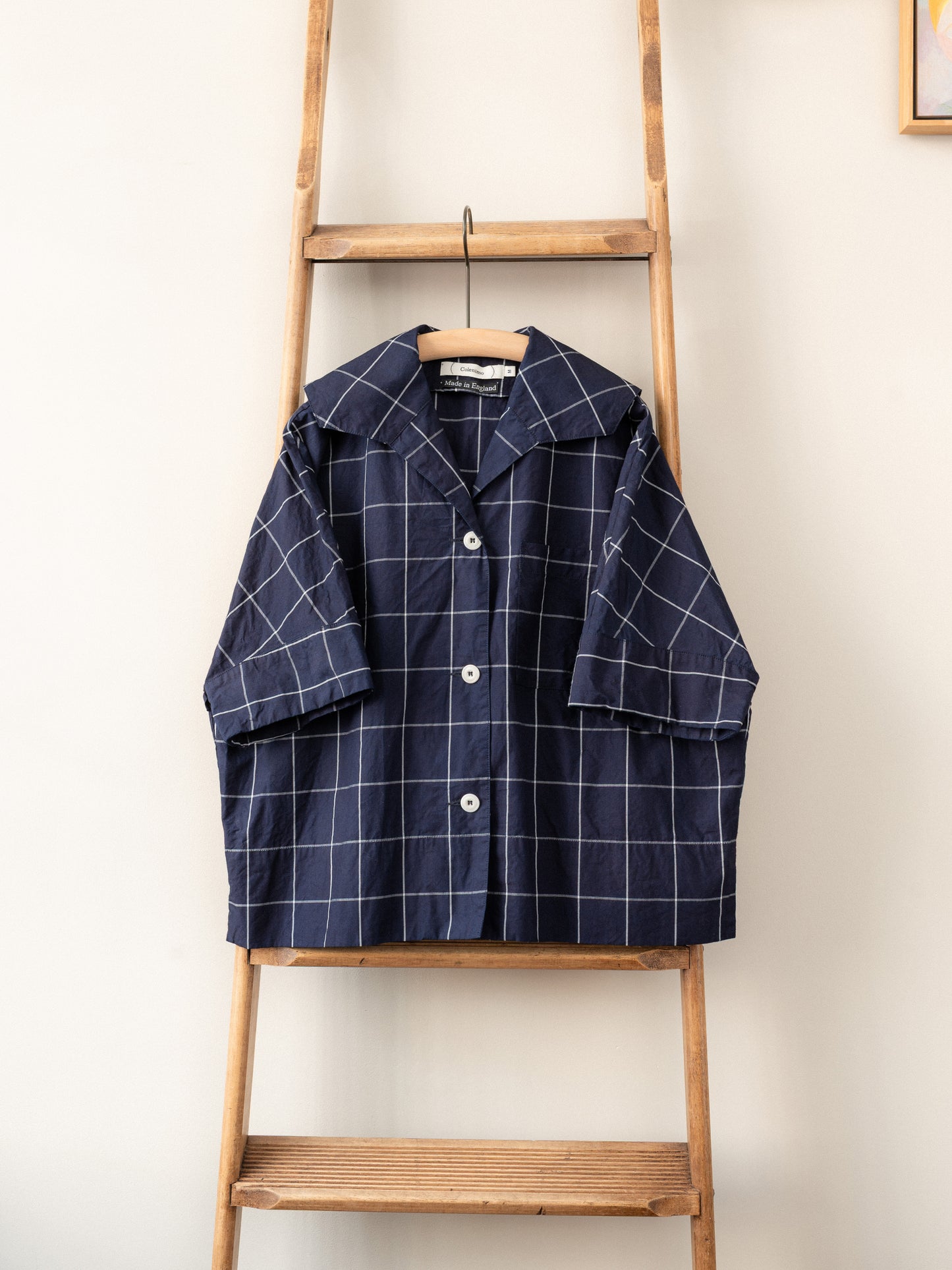 Open Collar Top / Indigo Windowpane