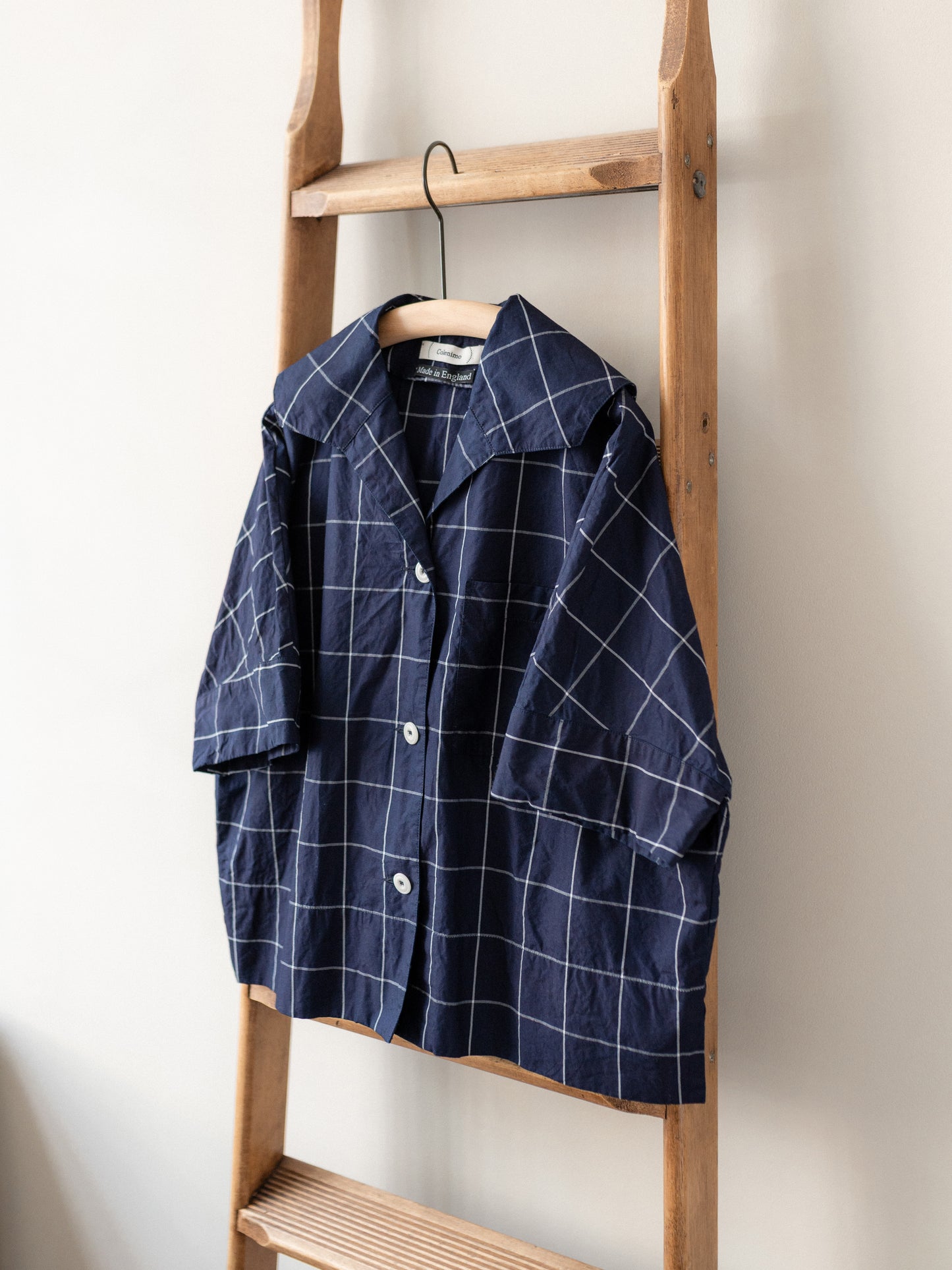 Open Collar Top / Indigo Windowpane
