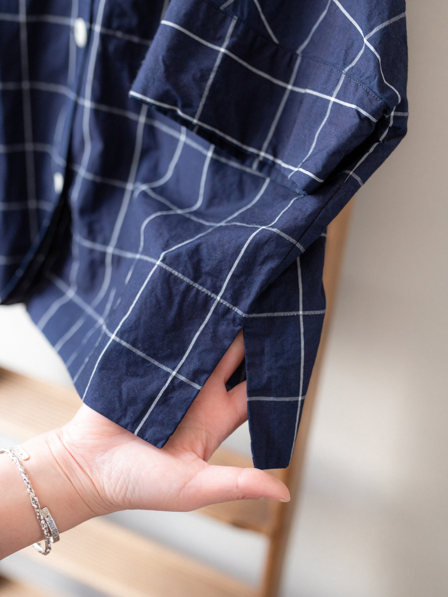 Open Collar Top / Indigo Windowpane
