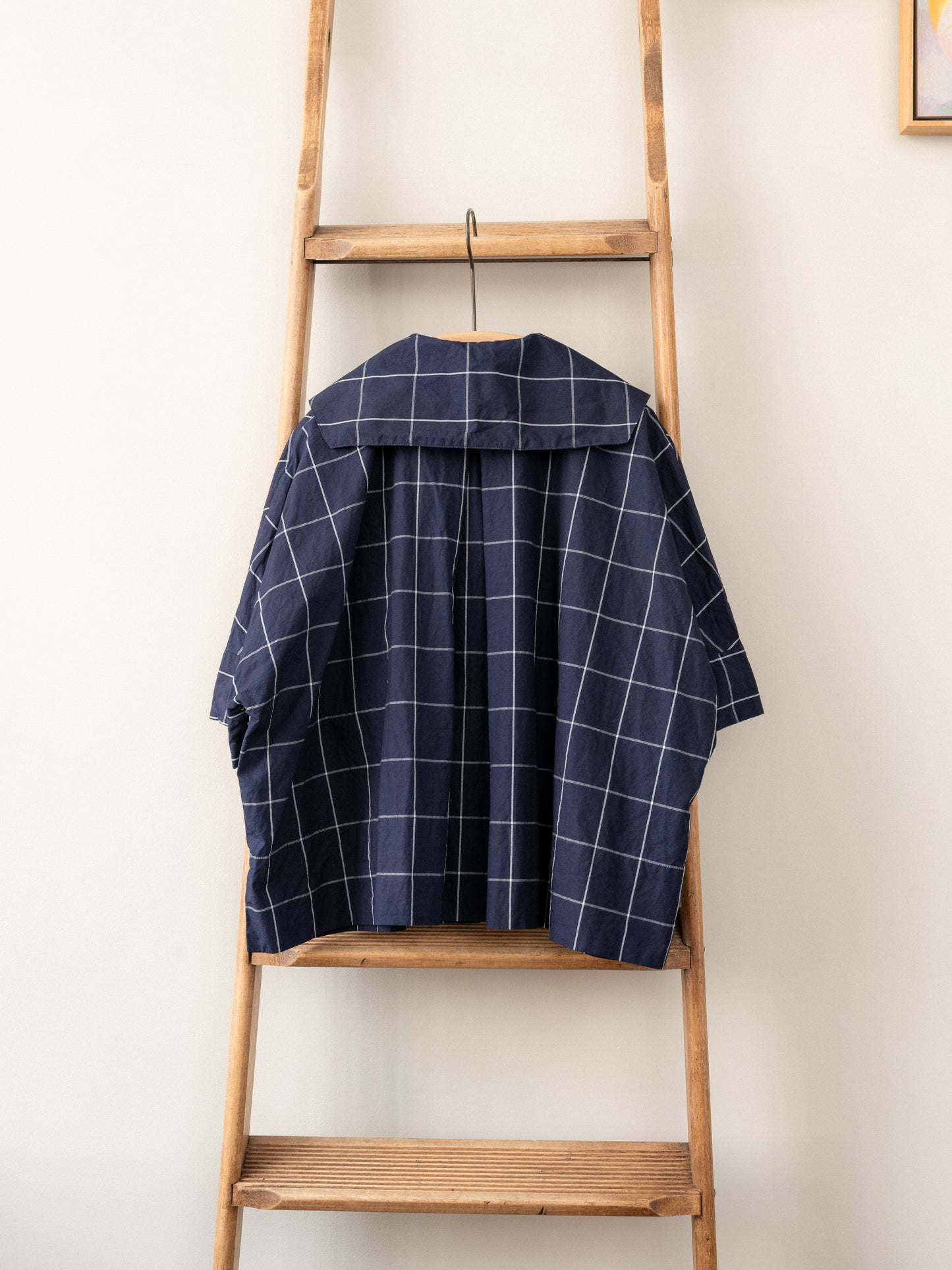Open Collar Top / Indigo Windowpane