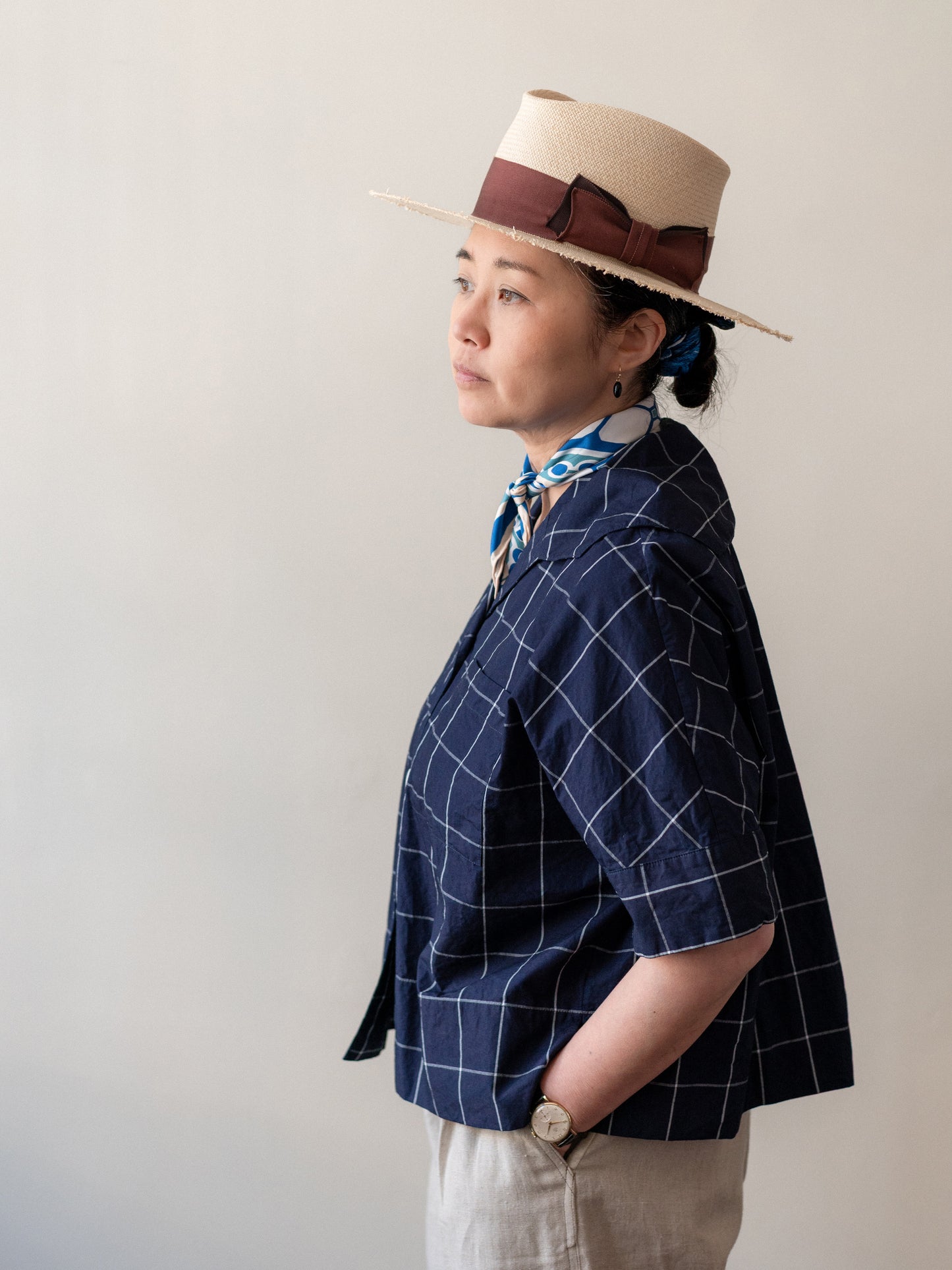 Open Collar Top / Indigo Windowpane