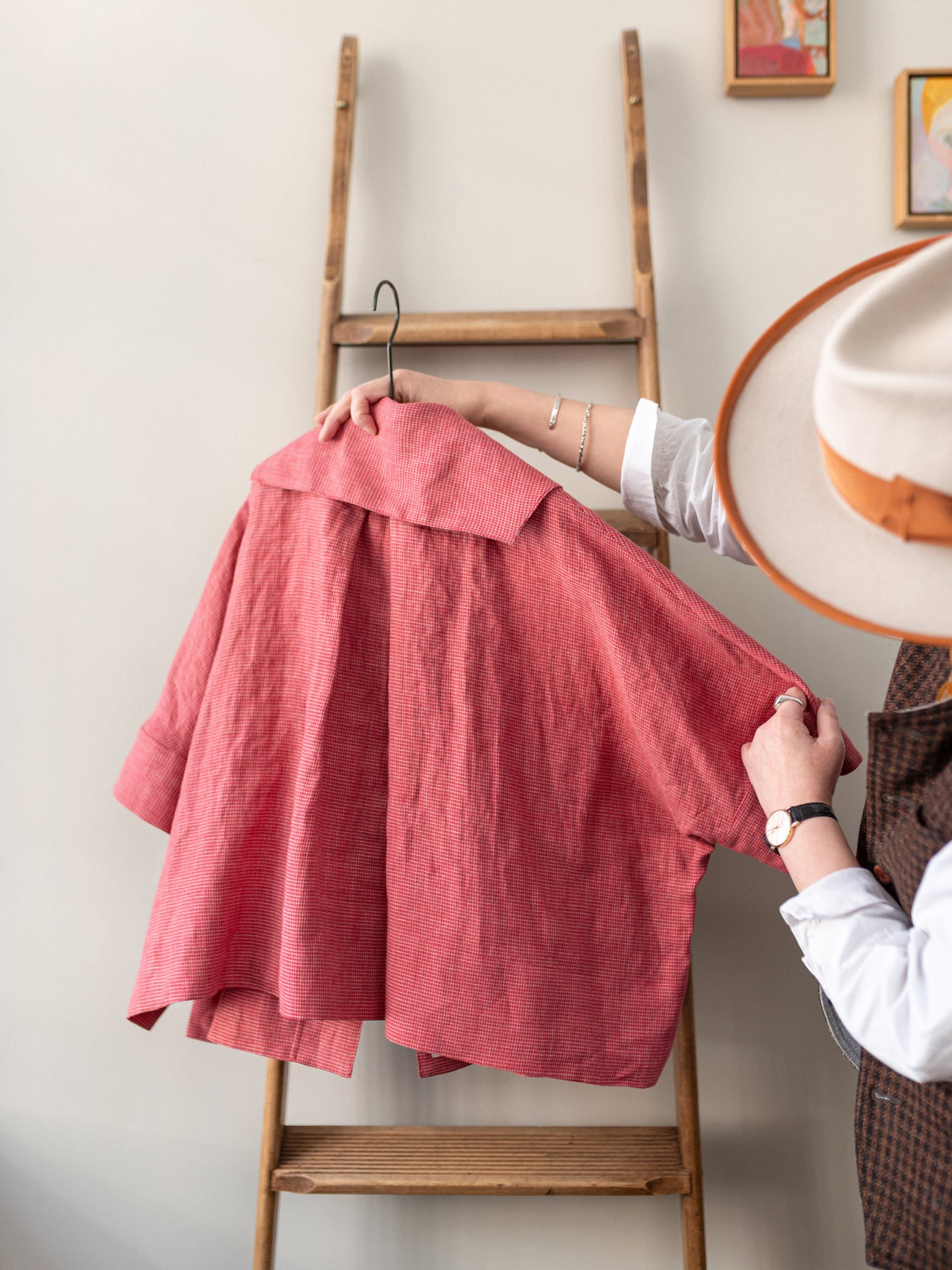 Open Collar Top / Red Irish Linen